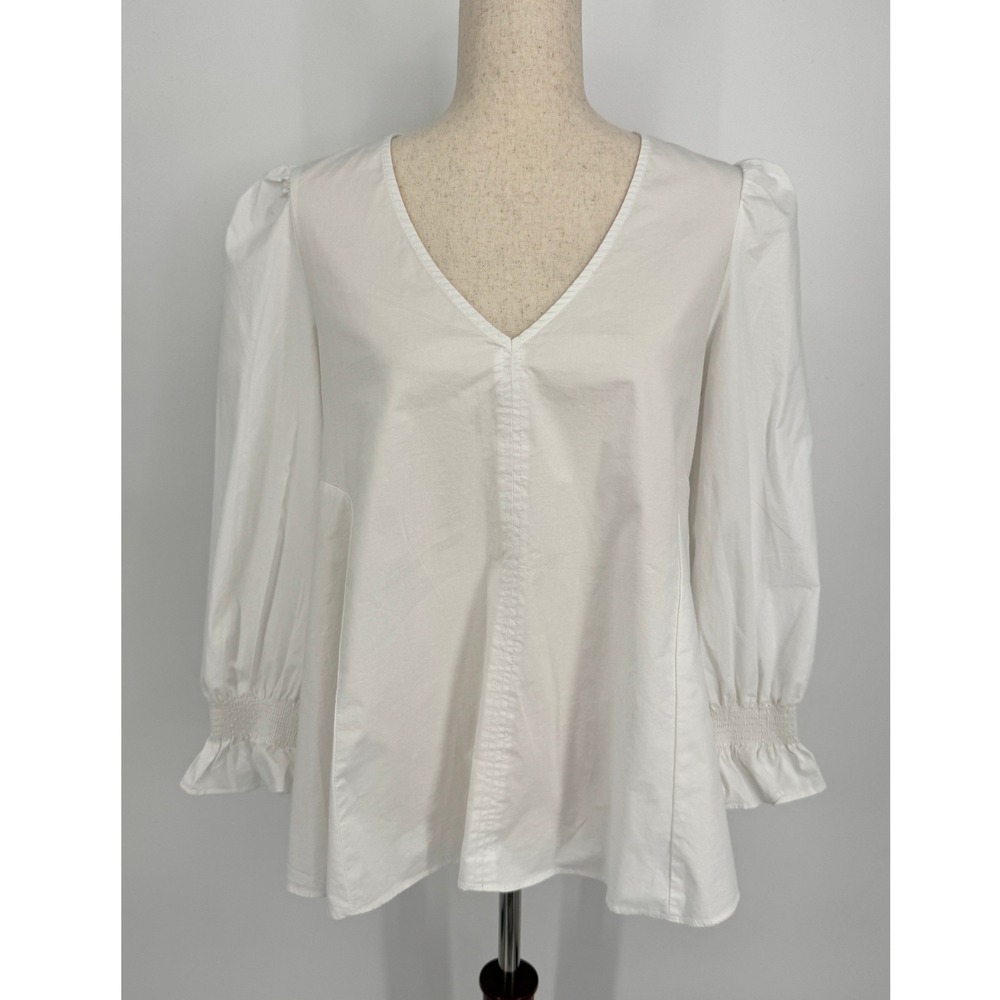 Pomander Place Easton Top Small White Puff Sleeve Smocked V-Neck Preppy Core